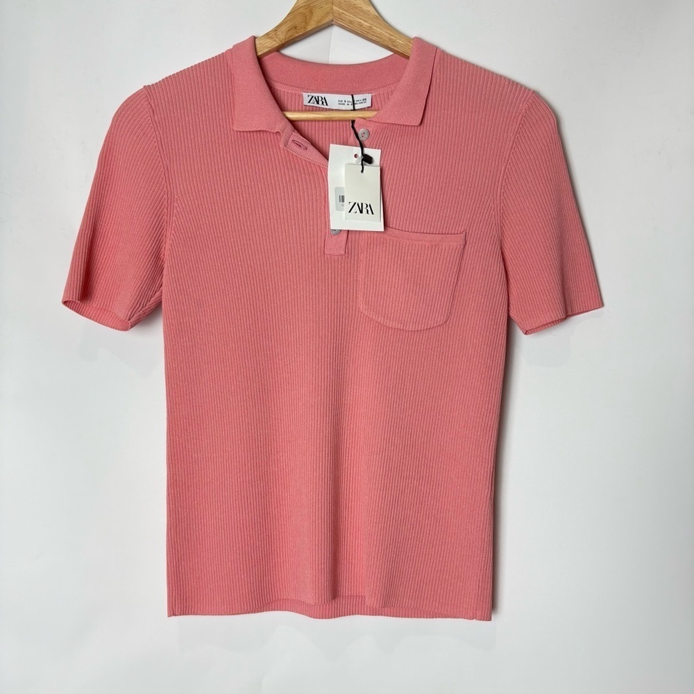 NWT Zara Pink Ribbed Knit Polo Top